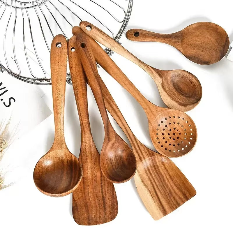 Teakcraft™ Natural Wood Cooking Spoon – Long Handle Skimmer & Rice Scoop Made from Premium Thailand Teak