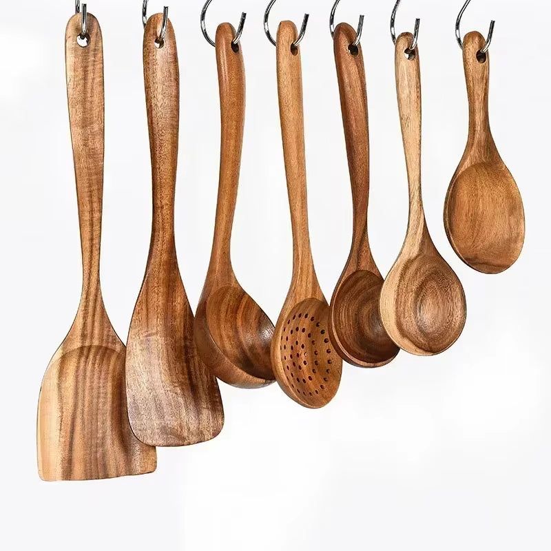 Teakcraft™ Natural Wood Cooking Spoon – Long Handle Skimmer & Rice Scoop Made from Premium Thailand Teak